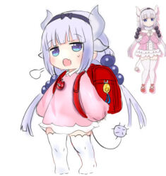  1girl backpack bag bananafryapple beads blue_eyes blunt_bangs blush bow child collared_dress commentary crime_prevention_buzzer dragon_girl dragon_horns dress fang full_body hair_beads hair_ornament headband horns kanna_kamui kobayashi-san_chi_no_maidragon low_twintails lowres name_tag no_shoes open_mouth pink_dress purple_bow purple_hair purple_headband randoseru reference_inset skin_fang sleeves_past_fingers sleeves_past_wrists solo sweatdrop tail thigh-highs twintails untranslatable_commentary white_background white_thighhighs 