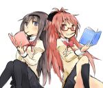  2girls akemi_homura bespectacled black_hair book bow chi_(chiwa) glasses grin hair_bow hairband jewelry long_hair mahou_shoujo_madoka_magica mahou_shoujo_madoka_magica_movie multiple_girls pantyhose pocky ponytail red-framed_glasses red_eyes redhead ring sakura_kyouko school_uniform sitting smile violet_eyes 