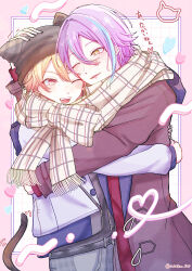  2boys :d ;d absurdres animal_hat blonde_hair blue_streaks blush border bow brown_coat brown_hat cat_hat coat commentary_request double-parted_bangs grid_background hair_between_eyes hat highres hug jacket kamishiro_rui long_sleeves male_focus multicolored_hair multiple_boys one_eye_closed open_mouth outside_border pink_border plaid_clothes plaid_scarf project_sekai purple_hair scarf scarf_bow shared_clothes shared_scarf short_hair smile streaked_hair suzaku_108 tenma_tsukasa translation_request twitter_username white_background white_jacket yellow_eyes yellow_scarf 