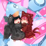  2girls animal_costume arm_cannon bird bird_costume black_hair blush_stickers bow cat cat_costume costume crow hair_bow highres hug kaenbyou_rin multiple_girls multiple_tails mummeemeemama o_o redhead reiuji_utsuho tagme tail touhou weapon 