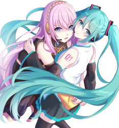  2girls absurdres aqua_eyes aqua_hair aqua_nails aqua_necktie aqua_trim arm_tattoo black_dress black_sleeves blue_eyes breasts collared_shirt commentary_request detached_sleeves dress hatsune_miku headset highres holding holding_hands hug light_blush long_hair long_sleeves medium_breasts megurine_luka midriff multiple_girls navel necktie number_tattoo open_mouth parted_lips pink_hair shiroinu_(shiroinu_283p) shirt simple_background sleeveless sleeveless_dress sleeveless_shirt smile stomach tattoo very_long_hair vocaloid white_background wide_sleeves 