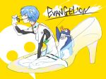  1girl ayanami_rei bird blue_hair fujiharu_(akamine) glasses glasses_removed high_heels neon_genesis_evangelion oversized_object penguin penpen plugsuit red_eyes short_hair 