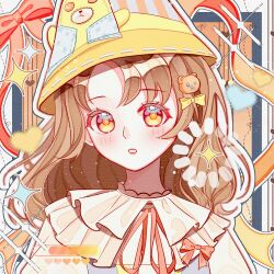  1girl bear_hair_ornament bear_hat blue_vest border bow bright_pupils brown_eyes brown_hair chinese_commentary collared_shirt commentary_request expressionless frilled_shirt_collar frills hair_between_eyes hair_bow hair_ornament hat heart highres infinity_nikki light_blush light_particles lipstick loading_icon long_hair makeup neck_ribbon nikki_(series) orange_background orange_pupils outline outside_border parted_bangs parted_lips pink_bow pink_lips pink_ribbon puffy_short_sleeves puffy_sleeves red_bow ribbon ribbon-trimmed_headwear ribbon_trim shanfengzhu shirt short_sleeves solo sparkle sunlit_plush_bear_(infinity_nikki) tareme upper_body vertical-striped_hat vest wavy_hair white_border white_outline white_shirt yellow_bow yellow_hat 