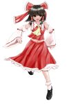  1girl ankle_socks averted_eyes black_eyes black_hair bow clenched_hands detached_sleeves facing_viewer hair_bow hair_tubes hakurei_reimu kazu_(rakugakino-to) navel open_mouth running shoes short_hair simple_background skirt skirt_set solo touhou white_background 