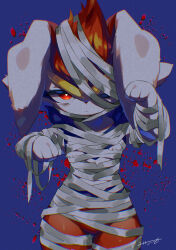  1other absurdres animal_ears animal_hands animal_nose arms_up artist_name bags_under_eyes bandages blue_background blue_fur body_fur bright_pupils chromatic_aberration cinderace closed_mouth commentary_request cowboy_shot dark ears_down furry half-closed_eyes highres looking_at_viewer minamo_(minamoto_minamo) multicolored_fur mummy_costume one_eye_covered other_focus outstretched_arms pokemon pokemon_(creature) rabbit_ears red_eyes red_fur red_hair short_hair signature simple_background solo splatter_background standing straight-on white_fur white_pupils wide_hips zombie_pose 
