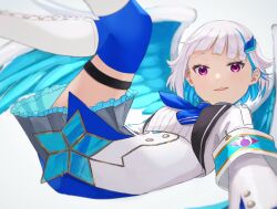  1girl angel_wings armband blue_armband blue_hair blue_neckerchief blue_thighhighs blue_wings boots breasts buttons colored_inner_hair commentary_request double-breasted feathered_wings feet_out_of_frame frilled_skirt frills from_side grey_background grey_skirt hair_ornament high-waist_skirt highres knee_boots layered_skirt legs_up lize_helesta lize_helesta_(1st_costume) long_sleeves looking_at_viewer looking_to_the_side lying medium_hair miniskirt multicolored_hair neckerchief nijisanji on_back parted_lips pleated_skirt sazao2130 shirt shirt_tucked_in shrug_(clothing) simple_background skirt small_breasts solo streaked_hair thigh-highs thigh_strap turning_head two-tone_hair violet_eyes virtual_youtuber white_boots white_hair white_shirt white_shrug white_skirt wings 