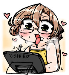  1girl akigumo_(kancolle) bespectacled brown_hair camisole commentary_request cyama_land glasses green_eyes heart highres kantai_collection left-handed long_hair mole mole_under_eye saliva solo steaming_body stylus tablet_pc tongue tongue_out upper_body yellow_camisole 