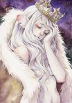  1girl :3 animal_ears breasts claws cleavage closed_eyes crown fur_coat long_hair original solo toyoda_izumi white_hair 