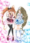  2girls alternate_color blue_eyes blush brown_hair dress eunos hand_on_hip houjou_hibiki long_hair minamino_kanade multiple_girls open_mouth pantyhose precure skirt smile suite_precure thighhighs twintails two_side_up 