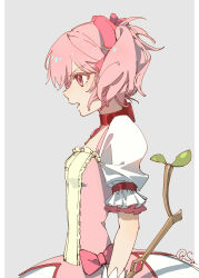  1girl absurdres bow chen346810 chinese_commentary choker commentary_request dress dress_bow from_side grey_background hair_bow highres kaname_madoka kaname_madoka_(magical_girl) looking_ahead mahou_shoujo_madoka_magica mahou_shoujo_madoka_magica_(anime) open_mouth pillarboxed pink_dress pink_eyes pink_hair profile puffy_short_sleeves puffy_sleeves red_choker short_hair short_sleeves short_twintails signature simple_background solo twintails upper_body 