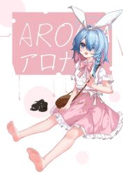  1girl :d alternate_costume arona_(blue_archive) bag barefoot black_shoes blue_archive blue_eyes blue_hair blue_pupils bow bow_hairband bowtie braid buttons casual character_name collared_shirt colored_inner_hair commentary crossbody_bag doodle_sensei_(blue_archive) dot_nose eyes_visible_through_hair feet frilled_shirt frills full_body hair_over_one_eye hairband hand_on_own_leg hand_on_own_thigh hand_up highres invisible_floor kakyouin2002 large_bow legs_apart light_blush looking_at_viewer mary_janes medium_hair medium_skirt multicolored_hair open_hand open_mouth petticoat pink_background pink_bow pink_bowtie pink_hair pink_skirt sensei_(blue_archive) shirt shirt_tucked_in shoes shoulder_bag side_braid simple_background single_braid sitting skirt skirt_bow smile soles solo two-tone_hair unworn_shoes white_background white_bow white_hairband white_shirt 