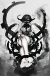  1girl black_hair blindfold chain chair crossed_legs_(sitting) gas_mask gears knees legs loose_clothes mask mechanical original rubble short_hair sitting solo tmt unfinished white_skin 