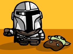  1boy armor bkub brown_gloves brown_pants character_request chibi chibi_only full_body gloves helmet highres lying male_focus on_back pants pointing shadow simple_background standing star_wars yellow_background yoda 