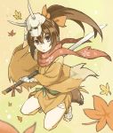  1girl bandages brown_hair grey_eyes hair_between_eyes hair_ornament horns ichi_hachi_rei_rei japanese_clothes looking_at_viewer open_mouth original scarf seiza sitting skull solo sword weapon 