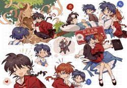  1boy 2girls :d ? ^_^ animalization bisexual_female black_pants black_shoes blue_dress blue_hair book braid brown_eyes brown_hair brown_shirt cat character_and_genderswap chinese_clothes chinese_commentary clenched_hands closed_eyes closed_mouth colored_speech_bubble commentary_request dress frown fuurinkan_high_school_uniform grid_background hand_on_another's_cheek hand_on_another's_face head_on_pillow heart highres holding holding_book kiss kissing_cheek leaf multiple_girls on_branch open_mouth pants person_and_animalization pillow pinafore_dress ranma_1/2 red_hair saotome_ranma saotome_ranma_(female) saotome_ranma_(male) school_uniform scratching shirt shirt_under_dress shoes short_hair single_braid siyer sleeveless sleeveless_dress smile socks speech_bubble spoken_heart spoken_question_mark spoken_sweatdrop squatting sweatdrop tangzhuang tree white_socks 