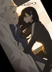  2girls bed black_hair black_halo black_jacket black_skirt blue_archive blue_sweater blush breasts commentary_request expressionless girl_on_top hair_between_eyes hair_ornament hairclip halo highres himari_(blue_archive) jacket large_breasts long_hair looking_at_viewer lying mechanical_halo millennium_science_school_logo multicolored_halo multiple_girls nose on_back open_mouth pillow red_eyes red_halo ribbed_sweater rio_(blue_archive) s0lari_sub skirt sweater turtleneck turtleneck_sweater two-tone_halo violet_eyes white_hair white_halo white_sweater yuri 