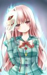  1girl aura empty_eyes expressionless fox_mask hata_no_kokoro long_hair mask pink_eyes pink_hair plaid plaid_shirt tamichan touhou 