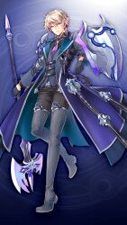  1boy axe black_gloves blonde_hair blue_background boots full_body game_asset gloves grey_thighhighs grimms_notes holding holding_axe looking_at_viewer male_focus necktie non-web_source official_art parted_lips purple_necktie savant_gieres_(grimms_notes) savant_gieres_(shinsei)_(grimms_notes) shield shuri_yasuyuki solo standing teeth thigh-highs thigh_boots vest yellow_eyes 