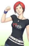  1girl black_hair dead_or_alive dead_or_alive_5 dog_tags fist_pump mila_(doa) multicolored_hair multiple_belts red_eyes redhead short_hair solo t-shirt tatchin two-tone_hair watermark web_address 