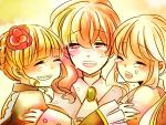  3girls ^_^ beatrice blonde_hair brown_eyes closed_eyes flower grin hair_bun hair_flower hair_ornament happy_tears hug kuronyan_(haine) multiple_girls ponytail side_ponytail smile tears umineko_no_naku_koro_ni ushiromiya_lion ushiromiya_natsuhi 