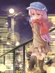  1girl bag cityscape hat highres long_hair looking_back meigo_arisa moon pink_hair red_eyes scarf thighhighs to_aru_majutsu_no_index to_aru_majutsu_no_index:_endymion_no_kiseki transistor 