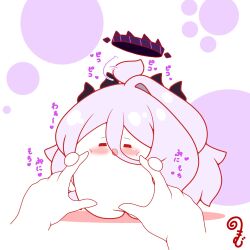  1other :d afterimage ahoge ahoge_wag blue_archive blush cheek_poking closed_eyes colored_shadow commentary_request disembodied_hand expressive_hair grey_hair hair_between_eyes halo highres hina_(blue_archive) horns kurukurumagical long_hair mouth_visible_through_hair poking shadow single_hair_intake smile standing translation_request very_long_hair white_background 