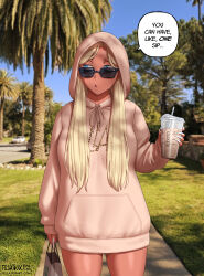  1girl artist_name blonde_hair blue_eyes brittany_(fellatrix) cup dark-skinned_female dark_skin day disposable_cup english_text fellatrix fingernails grass highres holding holding_cup hood hoodie long_fingernails long_hair original outdoors photo_background pink_hoodie solo speech_bubble sunglasses tree white_nails 