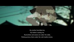  1girl beret black_hat blurry blurry_background brown_eyes brown_hair english_text hand_up hat hatoba_tsugu highres letterboxed loveexplosion86 one_side_up power_lines short_hair solo tree_shade tsugu_(vtuber) virtual_youtuber 