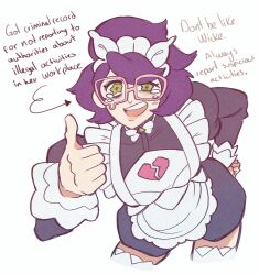  1girl andrich_galam apron black_romper cosplay english_text green_eyes highres jacinthe_(pokemon) lebanne_(pokemon) lebanne_(pokemon)_(cosplay) looking_at_viewer maid_apron maid_headdress pink-framed_eyewear pokemon pokemon_legends:_z-a pokemon_sun_and_moon purple_hair romper solo tears thigh-highs thumbs_up white_apron white_headdress white_thighhighs 