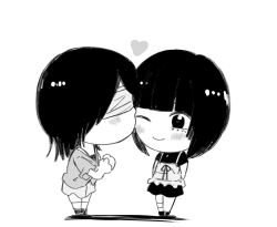  2girls ;) amakura_mayu amakura_mio arms_behind_back bandaged_leg bandages bandages_over_eyes blunt_bangs blush bob_cut camisole camisole_over_clothes chibi chibi_only closed_mouth covered_eyes facing_another fatal_frame fatal_frame_ii:_crimson_butterfly full_body greyscale hands_up heart highres incest kiss kissing_cheek looking_at_another miniskirt monochrome multiple_girls one_eye_closed profile ribbon shirt shoes short_hair short_sleeves siblings simple_background sisters skirt smile spoilers standing star_(loveumimiomayu) twincest twins white_background yuri 