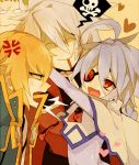  1girl 3boys ^_^ ahoge anger_vein blazblue blonde_hair blood closed_eyes eyepatch hazama heart hug jin_kisaragi mizuki_(pakuchoi13) multiple_boys nu-13 ragna_the_bloodedge skeleton skull yuuki_terumi 