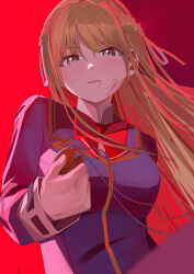  1girl absurdres amaboco blonde_hair blood blood_on_face blue_eyes blue_shirt bow bowtie braid closed_mouth commentary_request dirty dirty_face hair_ribbon heaven_burns_red highres holding_locket holding_pendant jewelry locket long_hair necklace pendant red_bow red_bowtie ribbon scar scar_on_face shirt toujou_tsukasa upper_body white_ribbon 