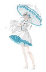  1girl absurdres black_hairband black_ribbon blue_flower blue_trim choker closed_mouth commentary dress expressionless flower frilled_dress frilled_hairband frilled_sleeves frills full_body grey_eyes hair_flower hair_ornament hair_over_one_eye hairband highres isekaijoucho juliet_sleeves kamitsubaki_studio long_hair long_legs long_sleeves pale_skin parasol puffy_sleeves ribbon ribbon_choker simple_background solo standing swept_bangs umbrella untranslatable_commentary virtual_youtuber white_background white_dress white_hair yukimura_sin 
