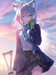  1girl animal_ear_fluff animal_ears azumi_akitake black_skirt blue_archive blue_scarf closed_mouth clouds commentary_request cross_hair_ornament floating_hair gloves green_gloves grey_hair gun hair_between_eyes hair_ornament hair_over_one_eye halo hand_up highres holding holding_gun holding_weapon jacket medium_hair open_clothes open_jacket outdoors scarf shiroko_(blue_archive) shirt single_glove skirt sky smile solo weapon white_shirt wolf_ears wolf_girl 