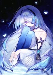  1girl bare_shoulders blue_butterfly blue_hair blue_pantyhose bug butterfly chunithm commentary detached_sleeves dress gradient_pantyhose hair_ornament hair_over_one_eye highres irene_curious long_hair multicolored_hair pantyhose sega shoes sitting solo strapless strapless_dress streaked_hair untranslatable_commentary very_long_hair violet_eyes water weros_23 white_dress white_hair white_pantyhose white_shoes wide_sleeves 