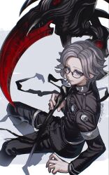  1boy aotsuki_eito armband belt black_jacket black_pants blue_eyes commentary_request gakuran glasses grey_background grey_hair highres holding holding_scythe holding_weapon hole_in_chest hole_on_body invisible_chair jacket last_defense_academy_school_uniform looking_at_viewer male_focus mau_(maizokin_mau) pants school_uniform scythe short_hair simple_background sitting solo the_hundred_line_-last_defense_academy- twitter_username two-tone_background upturned_eyes weapon white_armband white_background white_belt 