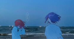  1boy 1girl amate_yuzuriha aqua_shirt beach blue_hair colored_inner_hair covered_face covering_face crying facing_away floating_hair flying_teardrops from_behind gundam gundam_gquuuuuux highres limeindatrap looking_at_another loose_hair_strand multicolored_hair night photo_background red_hair school_uniform shirt short_hair shuji_ito sleeves_rolled_up speech_bubble sweater translated two-tone_hair white_shirt white_sweater wind 