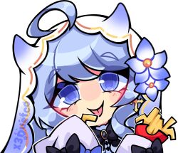  1girl ahoge black_bow blue_eyes blue_flower blue_hair bow bridal_veil chibi flower food french_fries glitch_stars hair_flower hair_ornament highres long_hair looking_at_viewer mogughost_(vtuber) sleeves_past_fingers sleeves_past_wrists solo tongue veil virtual_youtuber white_background x3dustco 