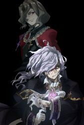  2boys battle_damage black_cloak black_jacket blonde_hair blood blood_from_mouth blood_on_face braid braided_ponytail brooch cassock chiizu_ore cloak collared_cloak cross cross_necklace edmond_dantes_(fate) edmond_dantes_(monte_cristo_uniform)_(fate) evil_grin evil_smile fate/grand_order fate_(series) floating_hair formal_clothes glasses gloves gold_trim grey_hair grin hair_between_eyes hair_over_one_eye highres jacket jewelry looking_at_another low_ponytail male_focus michael_roa_valdamjong multiple_boys necklace ponytail red_eyes sidelocks smile tarantella_(fate) torn_clothes wavy_hair wavy_sidelocks white_gloves 