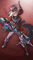  1boy aqua_ascot aqua_eyes ascot belt boots brown_boots coat electric_guitar game_asset gem gloves grey_pants grimms_notes grin guitar hair_between_eyes hat hat_ribbon holding holding_guitar holding_instrument instrument lapels looking_at_viewer male_focus monocle non-web_source official_art orange_hair pants pink_gem pink_pupils plaid_ribbon purple_vest red_coat ribbon senobi_(senoby) shadow_hatter_(grimms_notes) smile solo torn_clothes torn_hat vest white_gloves white_hat yellow_belt 