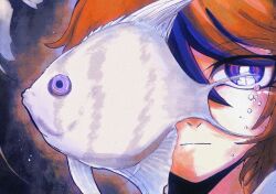  2boys air_bubble angelfish aotsuki_eito black_streaks bubble chinese_commentary commentary_request expressionless eye_reflection fish grey_hair highres jacket looking_at_viewer male_focus megasl multicolored_hair multiple_boys one_eye_covered red_hair reflection short_hair streaked_hair sumino_takumi the_hundred_line_-last_defense_academy- two-tone_hair violet_eyes white_jacket 