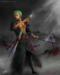  1boy abs after_battle blood blood_from_mouth blood_on_face death dual_wielding earrings green_hair highres jeannette11 jewelry katana male one-eyed one_piece roronoa_zoro scar sheath sheathed short_hair signature solo_focus sword watermark weapon web_address 