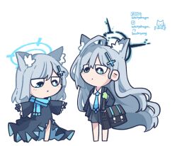  2girls ahoge animal_ear_fluff animal_ears aqua_necktie aqua_scarf bare_legs barefoot black_dress black_gloves black_skirt blazer blue_archive commentary cosplay costume_switch cross_hair_ornament dress dual_persona extra_ears full_body gloves green_gloves grey_hair hair_ornament halo jacket jitome long_hair looking_at_object looking_down medium_hair multiple_girls necktie outstretched_arms oversized_clothes scarf school_uniform shiroko_(blue_archive) shiroko_(blue_archive)_(cosplay) shiroko_terror_(blue_archive) shiroko_terror_(blue_archive)_(cosplay) shirt simple_background skirt very_long_hair white_background white_shirt whitydragon wolf_ears 