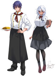  1boy 1girl absurdres admiral_(kancolle) alternate_costume alternate_hairstyle apron ascot black_apron black_pantyhose black_skirt blue_hair bow bowtie braid breasts buttons chef collared_shirt commentary_request dark-skinned_female dark_skin double-breasted dress_shirt food full_body glasses highres jacket kantai_collection large_breasts mashiro_yukiya musashi_(kancolle) pantyhose red_ascot red_bow red_bowtie shirt short_hair simple_background single_braid skirt waitress white_background white_hair white_jacket white_shirt 