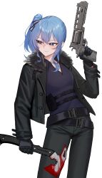  1girl absurdres asymmetrical_sidelocks axe belt black_belt black_gloves black_jacket black_pants black_shirt blood blood_on_weapon blood_stain blue_eyes blue_hair blue_ribbon chrispy_tuna closed_mouth collared_shirt commentary cosplay cowboy_shot double-parted_bangs english_commentary fur-trimmed_jacket fur_trim gloves gun hair_between_eyes hair_ribbon hand_up highres holding holding_axe holding_gun holding_weapon hololive hoshimachi_suisei jacket lapels leon_s._kennedy leon_s._kennedy_(cosplay) medium_hair notched_lapels pants resident_evil resident_evil_requiem revolver ribbon shirt shirt_tucked_in side_ponytail sidelocks simple_background solo star_(symbol) star_in_eye symbol_in_eye trigger_discipline utility_belt virtual_youtuber weapon white_background 