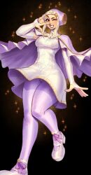  1girl absurdres blonde_hair capelet commentary elbow_gloves english_commentary escoffion fingerless_gloves gloves hairpods hand_up highres ingrid_(capcom) leg_up mary_janes ocorvo_r pantyhose purple_capelet purple_pantyhose red_eyes shoes solo standing street_fighter street_fighter_6 turtleneck_capelet white_gloves wide_hips 