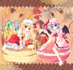  2girls ankle_socks arm_support ascot bat_wings berries between_legs blonde_hair blue_hair blush border brooch butter cup flandre_scarlet food fruit hand_between_legs hat hat_ribbon head_tilt jewelry knee_up kneehighs kneeling looking_at_viewer macaron mob_cap moi_(licoco) multiple_girls no_shoes open_mouth oversized_object pancake polka_dot polka_dot_background puffy_short_sleeves puffy_sleeves red_eyes remilia_scarlet ribbon short_hair short_sleeves siblings side_ponytail sisters sitting skirt skirt_set strawberry striped striped_background syrup teacup touhou wings zoom_layer 