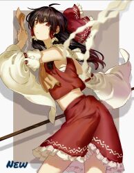  1girl absurdres ascot bow brown_eyes brown_hair chest_sarashi closed_mouth commentary detached_sleeves english_commentary frilled_bow frilled_hair_tubes frilled_skirt frills gohei hair_bow hair_tubes hakurei_reimu highres holding holding_gohei long_hair looking_at_viewer midriff neat_ad4816 red_bow red_skirt redrawn ribbon-trimmed_sleeves ribbon_trim sarashi skirt skirt_set solo touhou yellow_ascot 