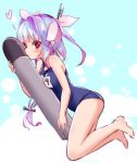  1girl barefoot blue_hair blush breasts hair_ribbon heart i-19_(kantai_collection) ica kantai_collection large_breasts long_hair looking_at_viewer multicolored_hair one-piece_swimsuit personification red_eyes ribbon school_swimsuit solo swimsuit torpedo twintails 