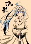  1girl ahoge blue_eyes blue_hair blush headband japanese_clothes long_hair looking_at_viewer original shiden-raiden solo sword weapon 